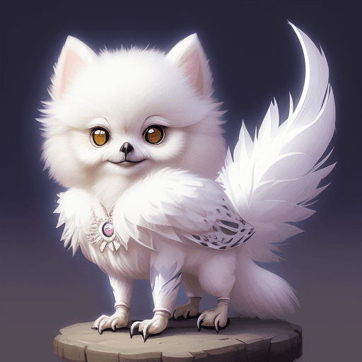 AI generated: of a white pomeranian dog  Scribble of chibi owl with feather design, dreamy color, Marc Simonetti, ...