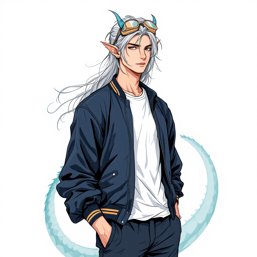 AI generated: A light-skinned, young male elf with delicate blue-green horns and a matching blue-green dragon tail...