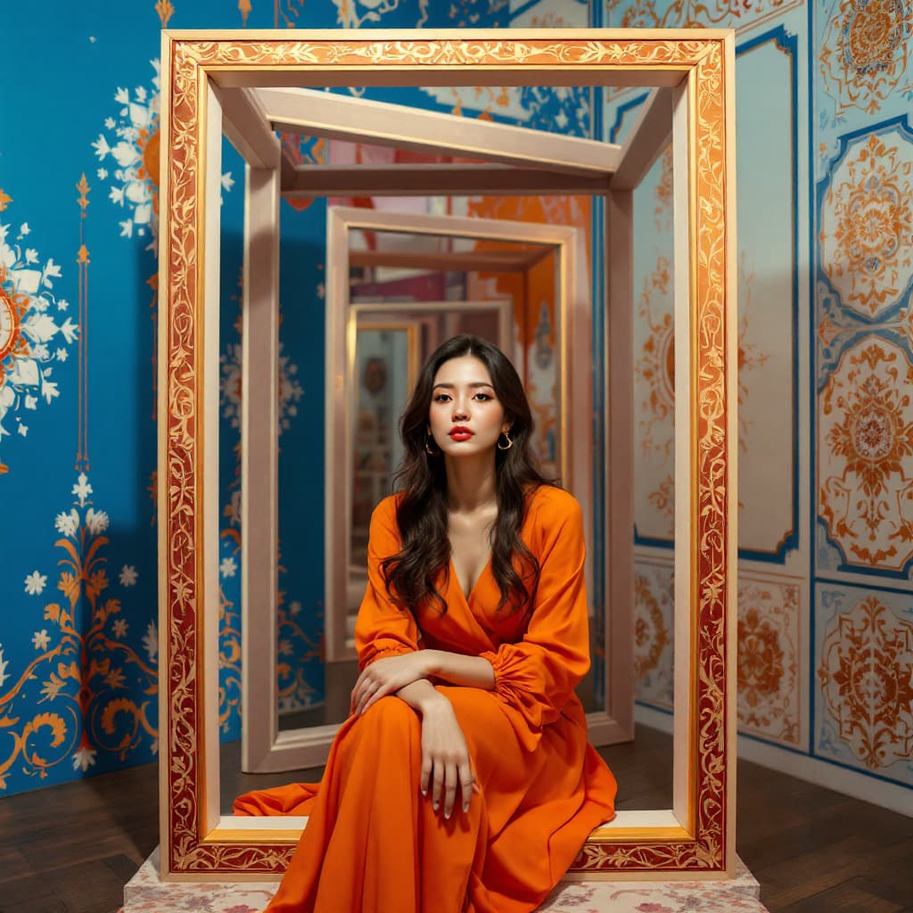 AI generated: A photo of an Asian woman in an orange dress sitting inside a big wooden frame, with blue and white ...