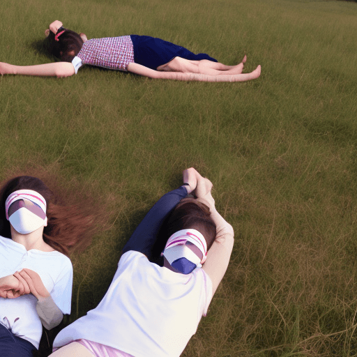 AI generated: Three young people, two boys and a girl, lay on their backs in a field, blindfold, wear face mask, h...
