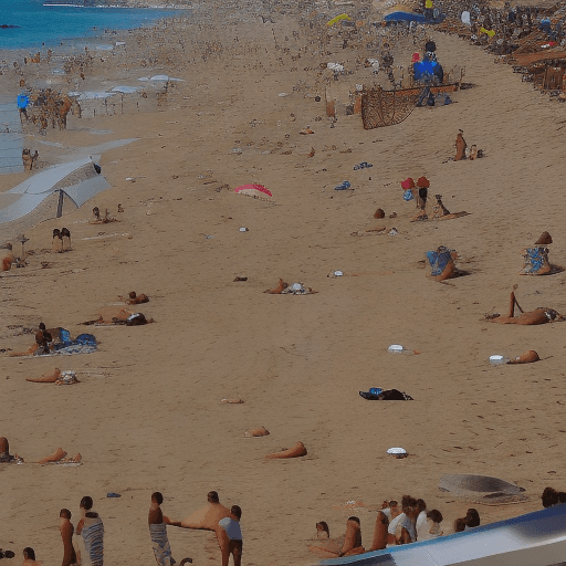 AI generated: White blonde girl with white biquini on a beach full of people looking at her