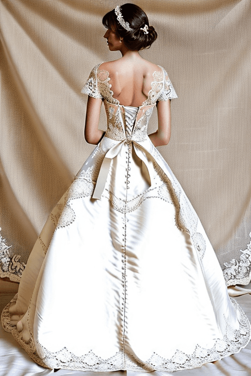 AI generated: Vintage, romantic, and delicate designer lace wedding gowns with intricate embroidery and pearl acce...