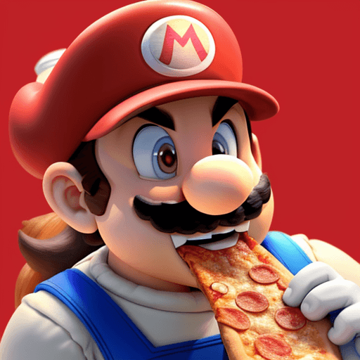 AI generated: A full realistic close up of Super Mario Bros eating a slice of pizza