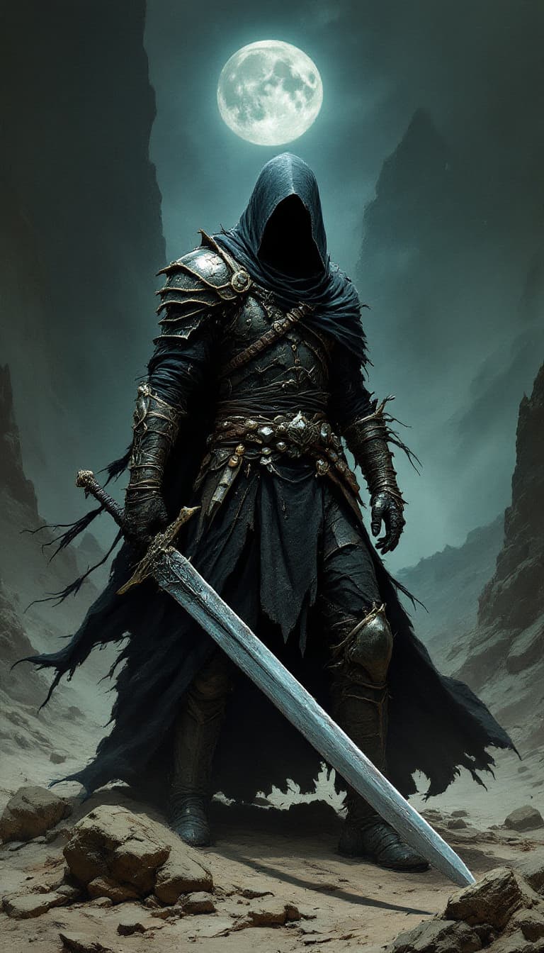 AI generated: a dark fantasy warrior heavily inspired by his character. I’ll design a lone, battle-worn knight wie...