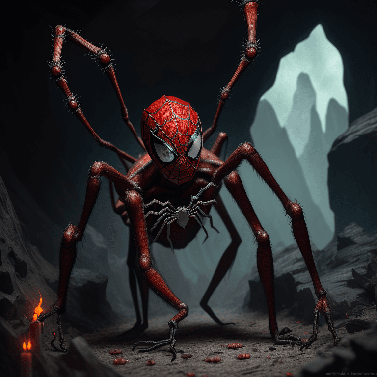 AI generated: haunting creature that looks like a spider, with spiderman costume,full body, reddish eyes, open woo...