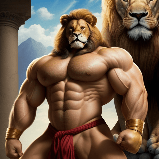 AI generated: A SUPER MUSCLE MAN, AS IF HE WAS SAMSON, BREAKING FIGHTING WITH A BIG LION