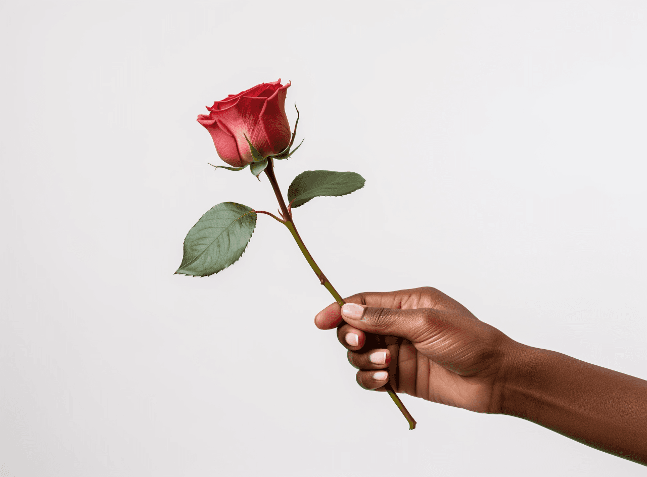 AI generated: A hand holding out to the camera, palm facing forward with one long rose flower stem in it on a whit...