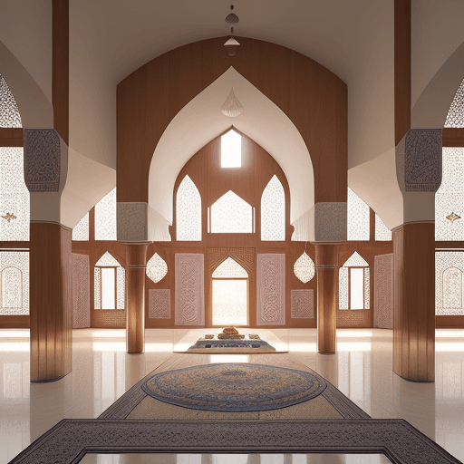 AI generated: realistic interior of a mosque that is designed on modern curve lines just like melon shape. add cha...