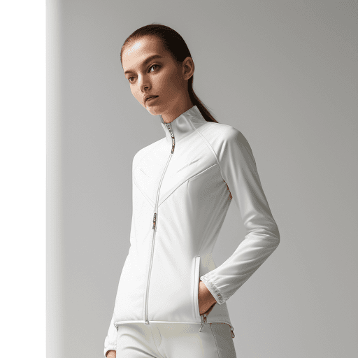 AI generated: girl model Ultra thin down jacket white Color O-silhouette cocoon slim fit or fitted lamé topstitchi...