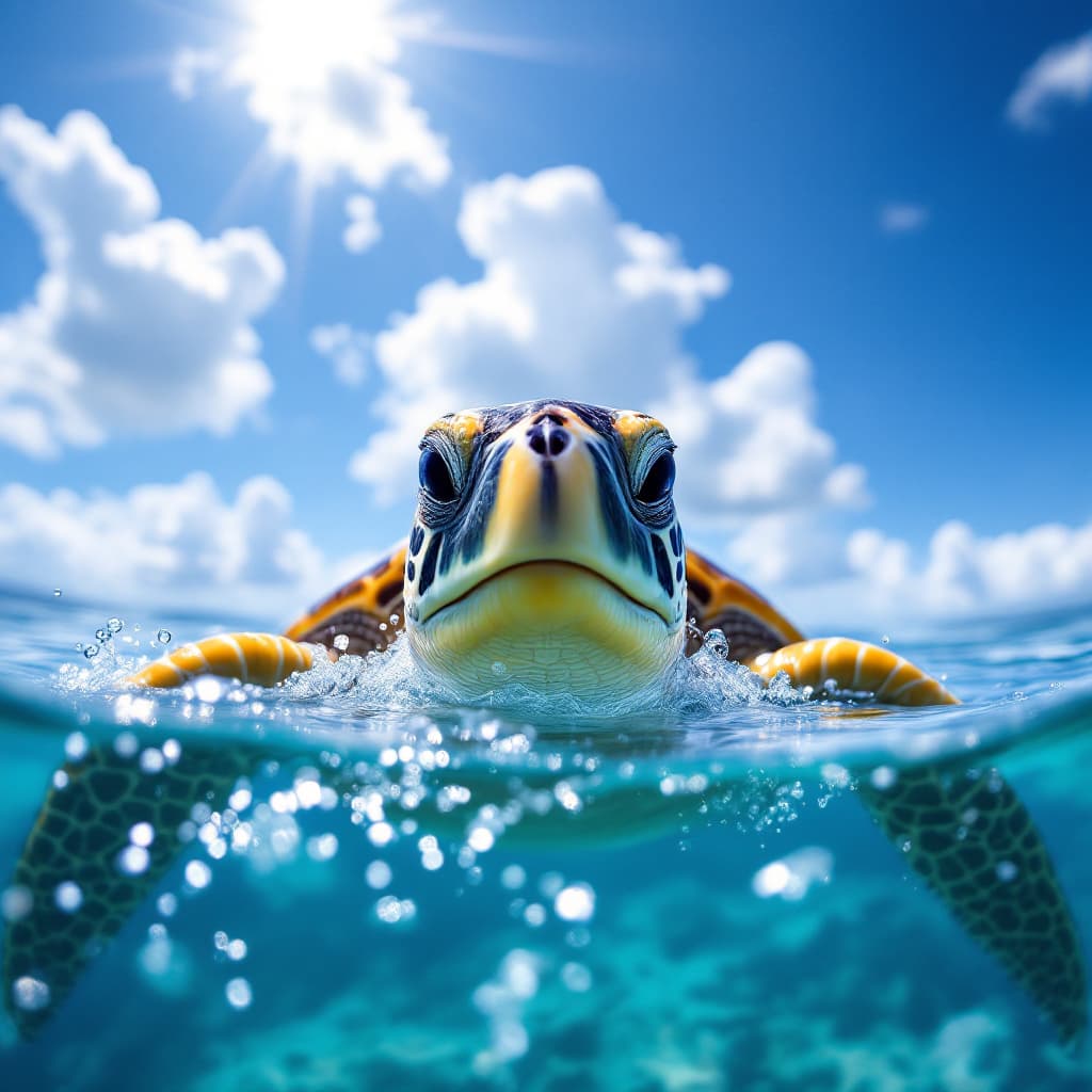 AI generated: Capture the breathtaking moment of a sea turtle's head just breaking the surface of the ocean on a s...