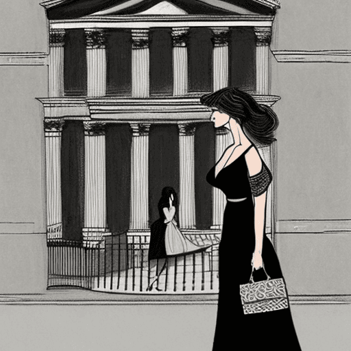 AI generated: A woman stands on a city street with classical buildings behind her, posing in a black V-neck dress ...