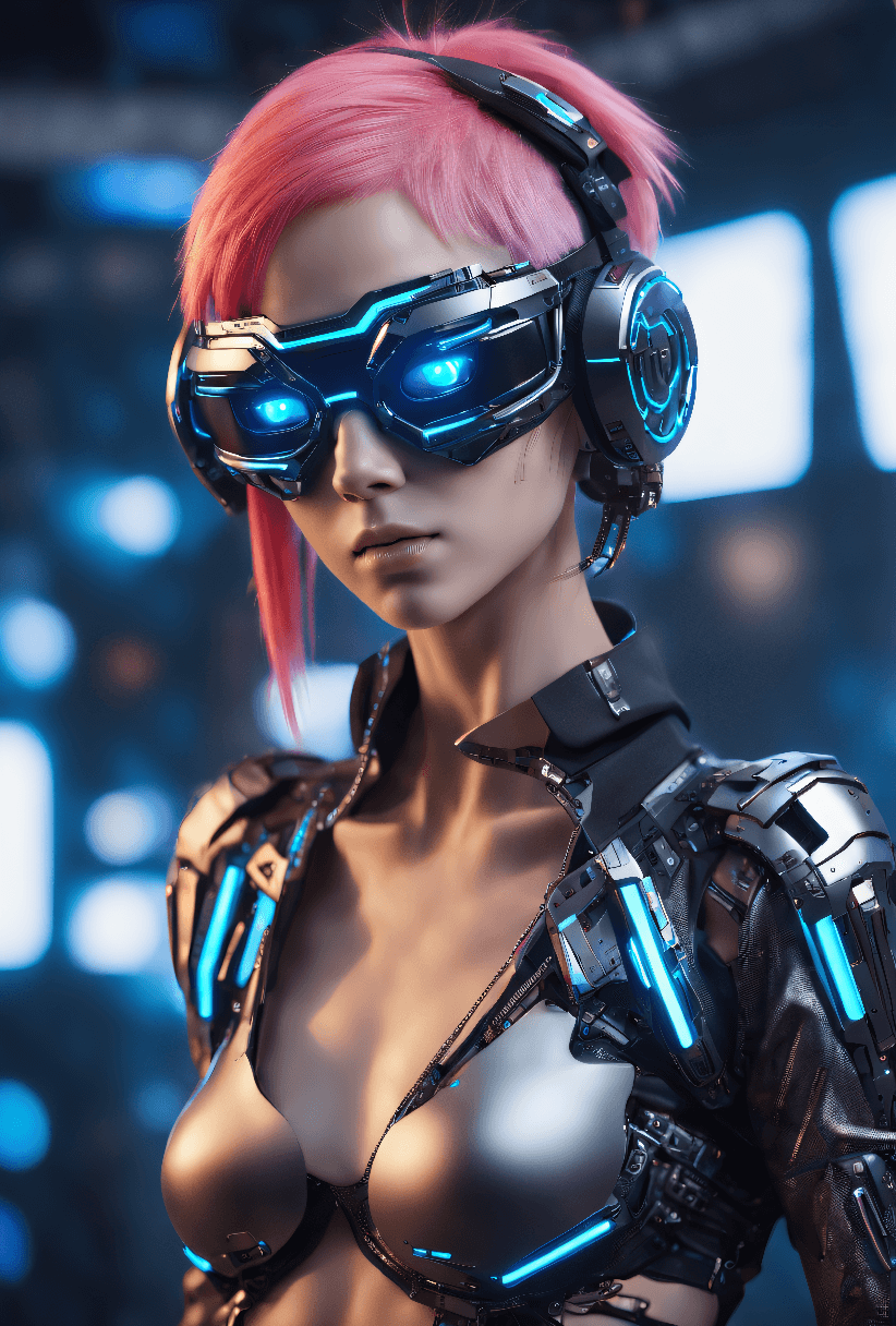 AI generated: cybernetic robot beautiful young, thin, fit, woman, cyberpunk, short messy hair, intrincate details,...