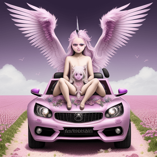 AI generated: An unicorn with 6 eyes, purple wings, red polished nails, long silver hairs. Driving a pink cabrio c...
