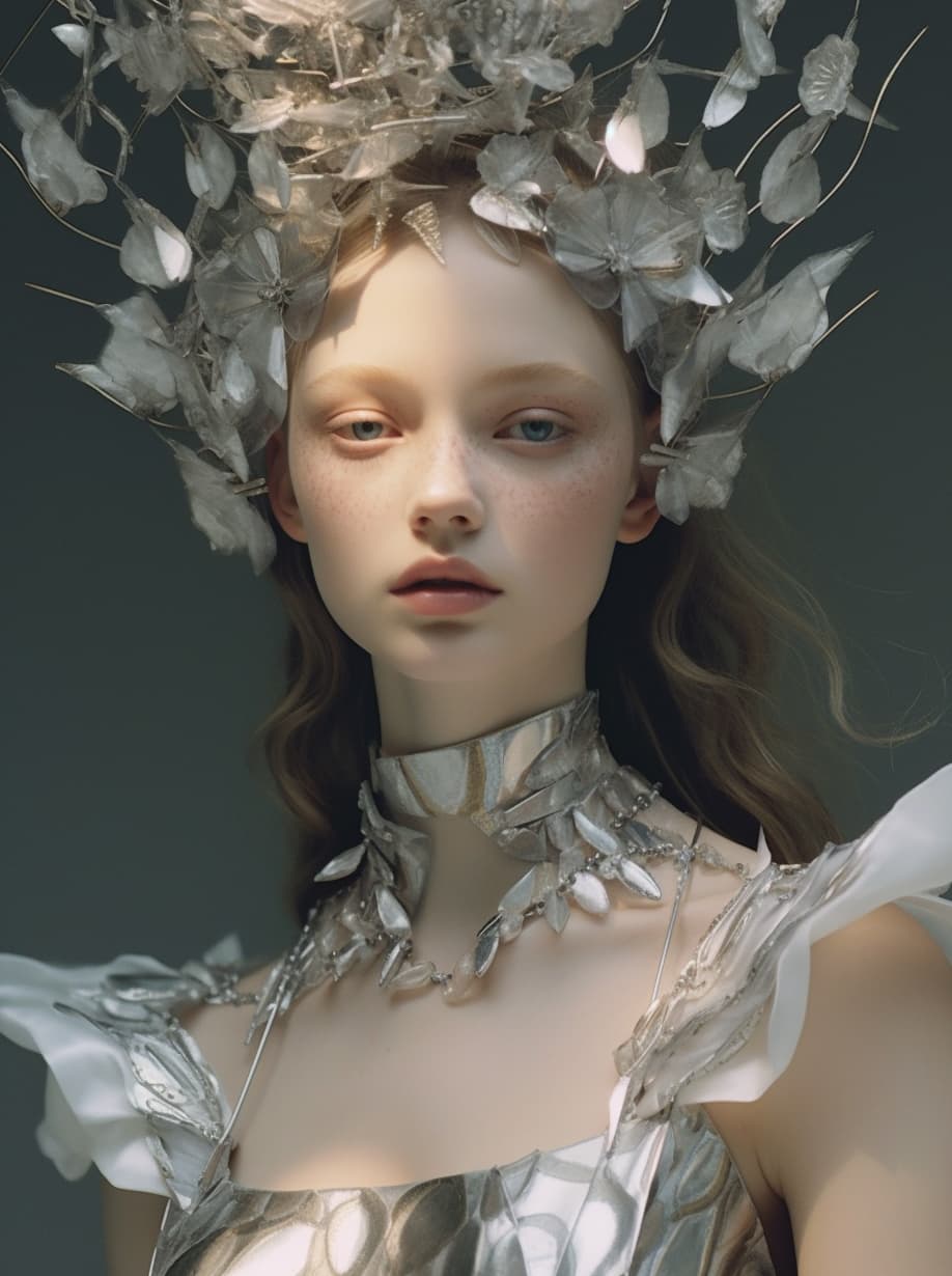 AI generated: a close up of a person wearing a silver dress, by Alexander McQueen, art nouveau, organic headpiece,...