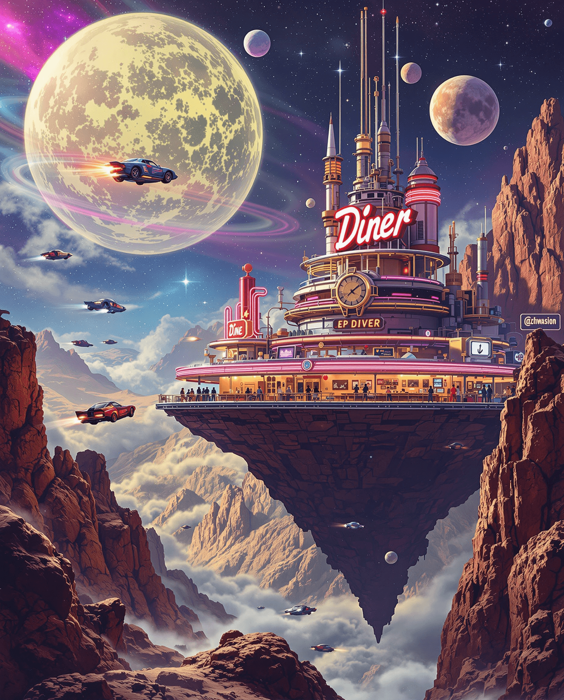 AI generated: a sci fi image,retro scifi,50th style a diner on a asteroid,flying cars ,dynamic lights,in space,ver...