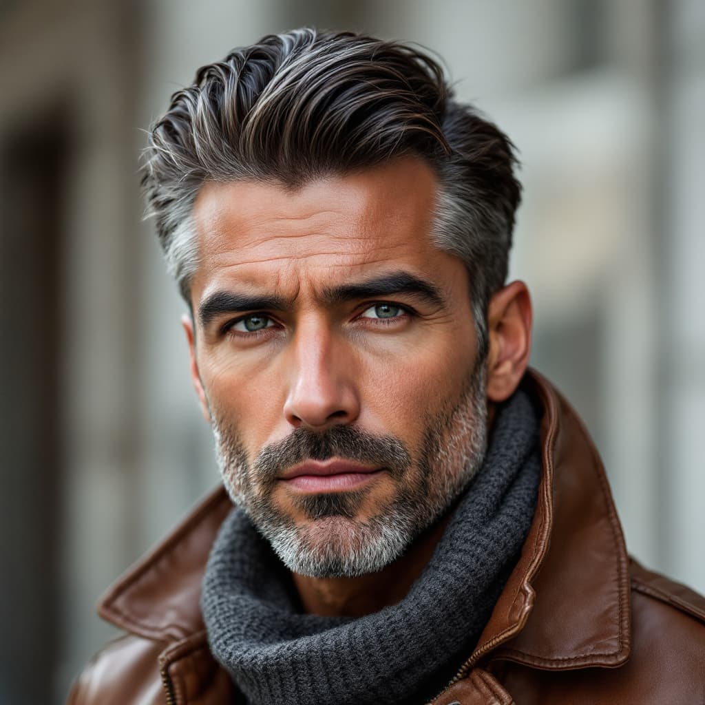 AI generated: ultra close-up of a handsome 40 year old Italian male model with slicked back salt and pepper  hair ...