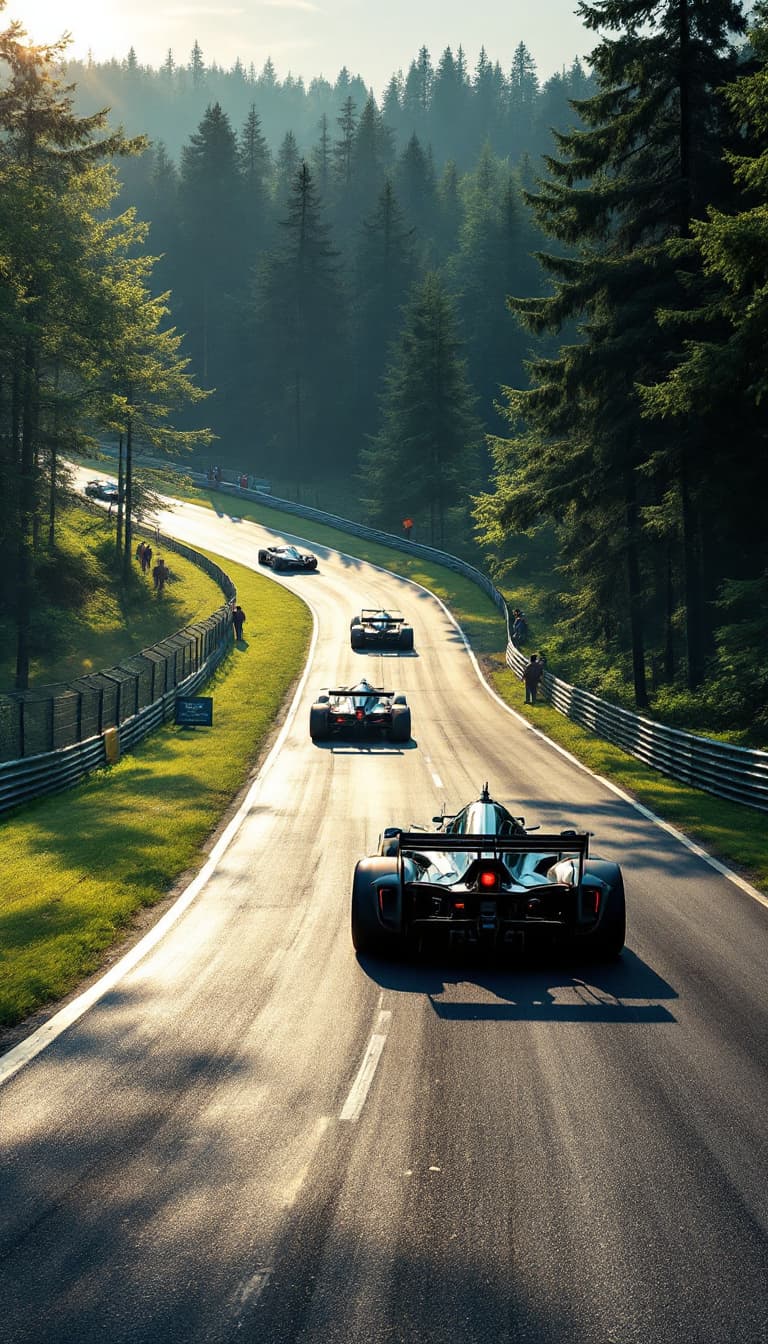 AI generated: Summer.  Racing cars race along the race track. The race track runs through a flat area through a fo...