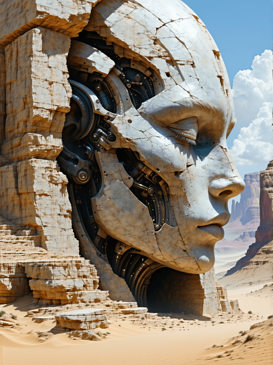 AI generated: A large humanoid face with detailed and complex features etched into highly  textured stone, in a de...