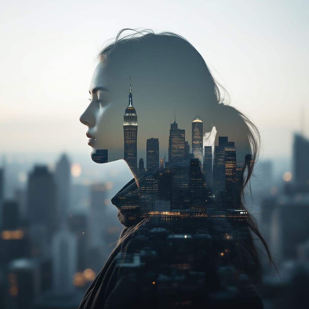 AI generated: **Superimposed scene of a city skyline over the silhouette of (a woman:2) (double exposure:1) Profes...