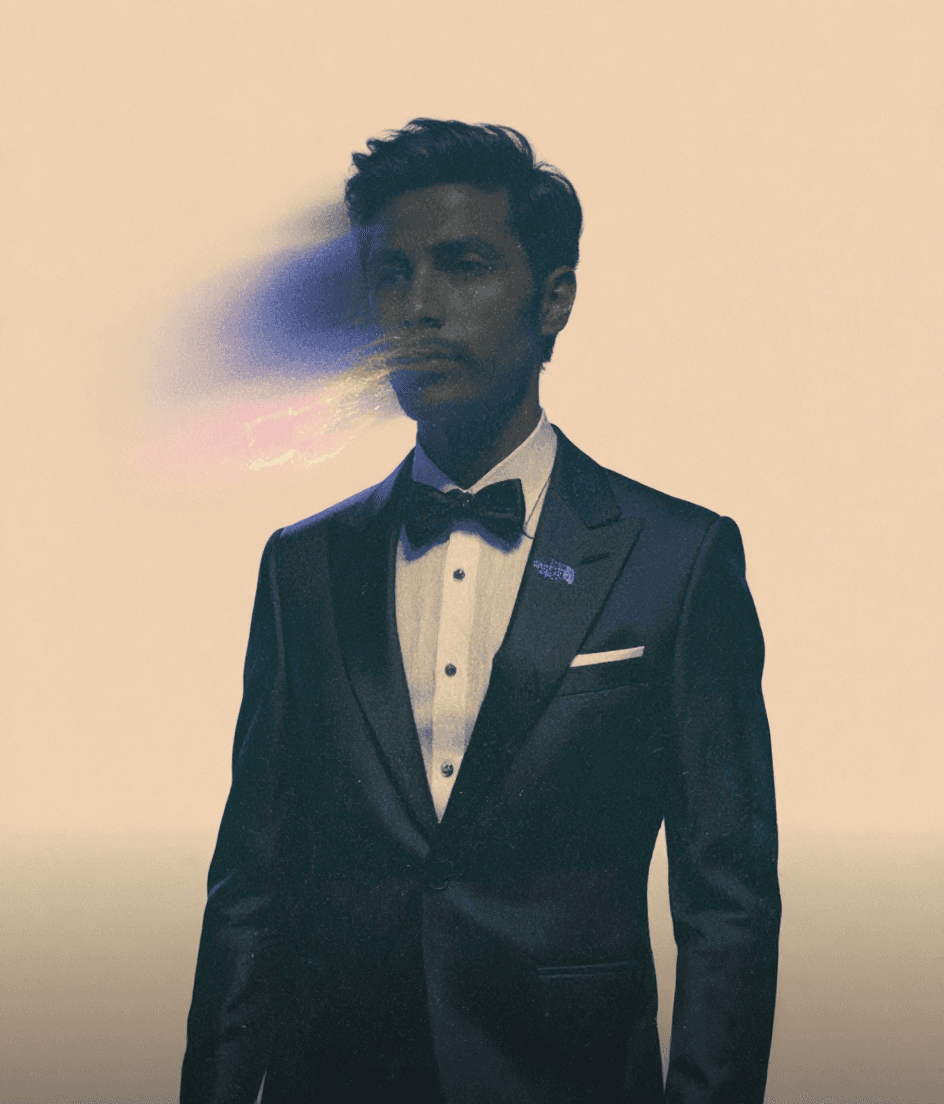 AI generated: A surreal, low-angle portrait of a man dressed in an eveningwear elegant black dress, standing again...