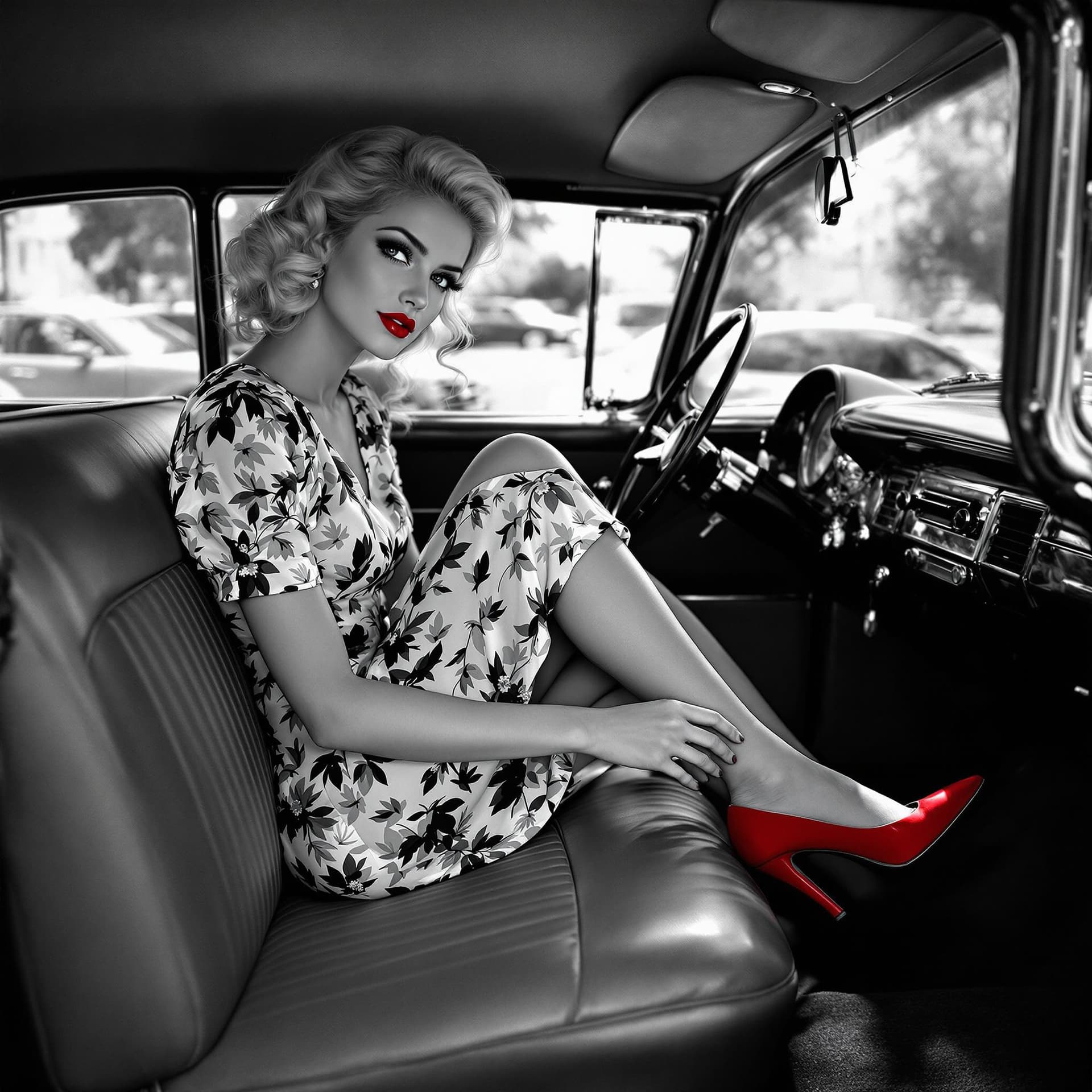 AI generated: A nostalgic black-and-white image of a stylish vintage scene featuring a blonde woman sitting inside...