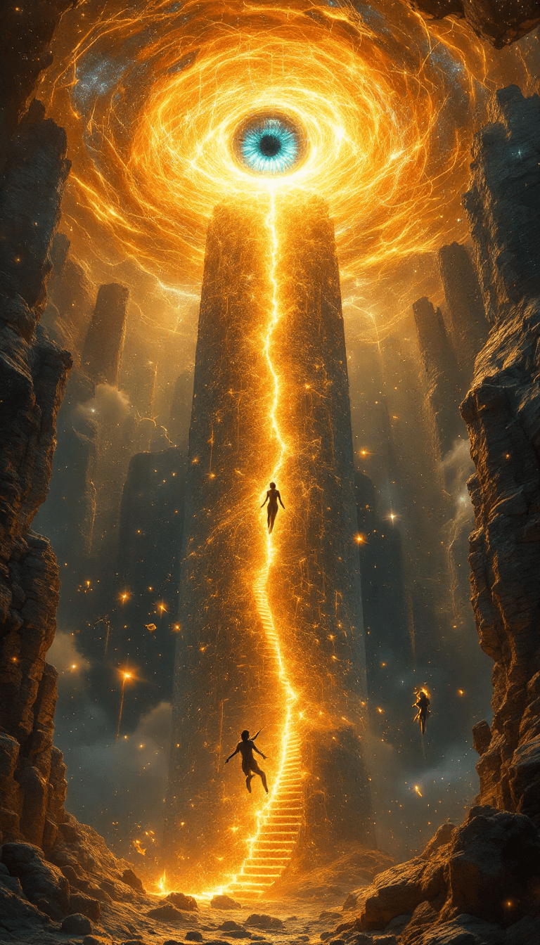 AI generated: A colossal crystalline tower, woven from liquid gold and neon threads of fate, fractures into infini...