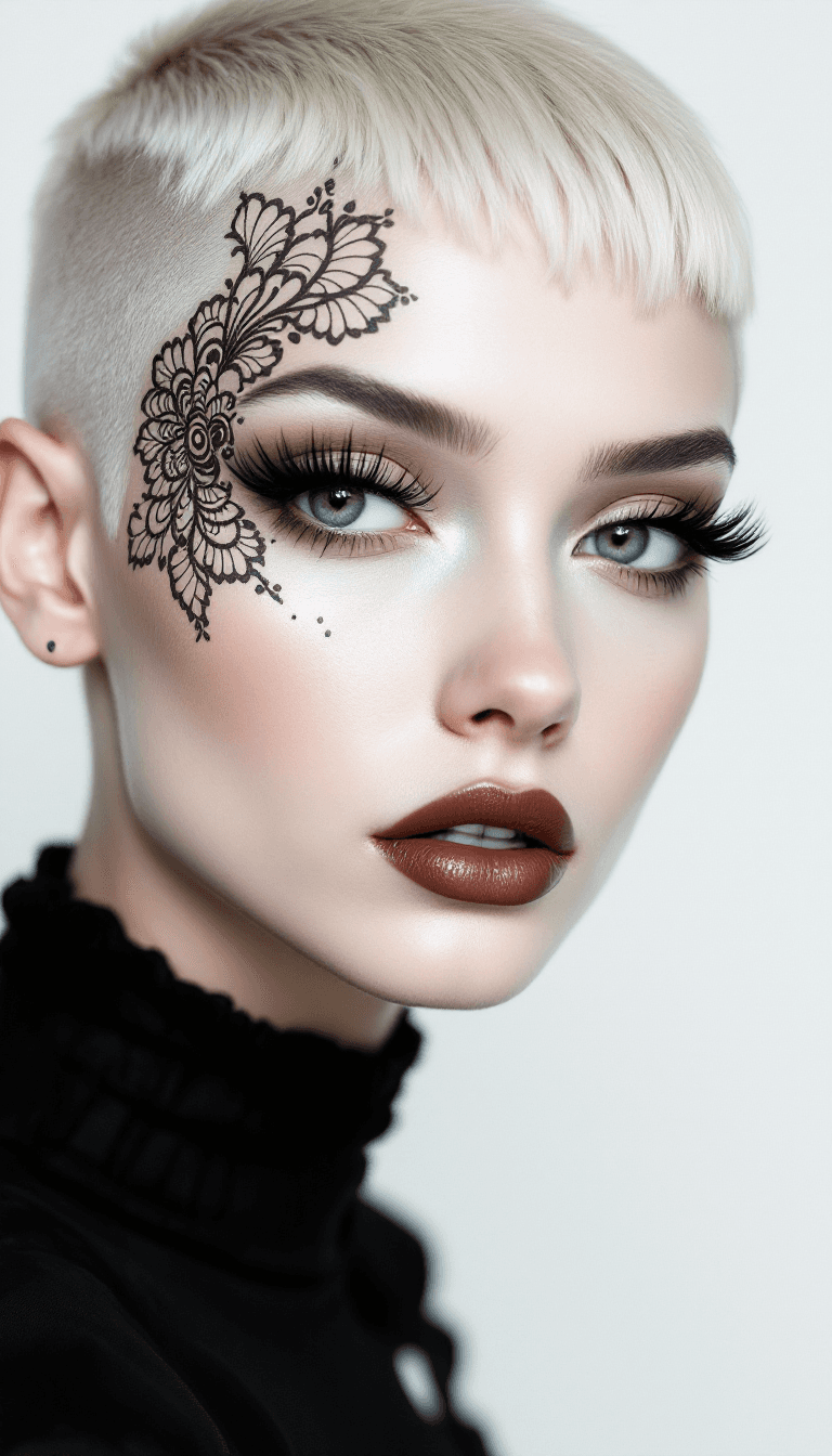 AI generated: a beautiful albino model with an avant-garde haircut, she is looking into the camera, henna pattern ...