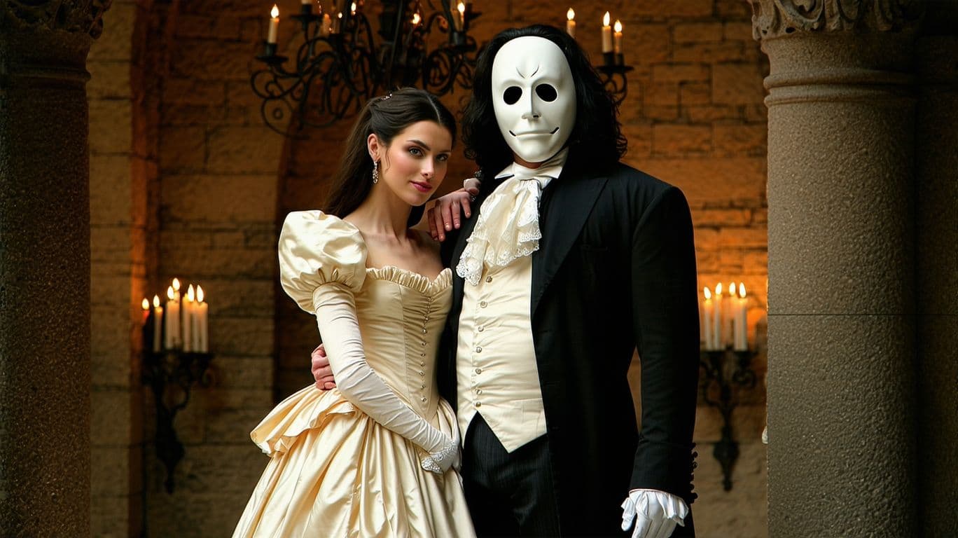 AI generated: Full indoor shot of two actors in character from the musical "The Phantom of the Opera". 

The man, ...
