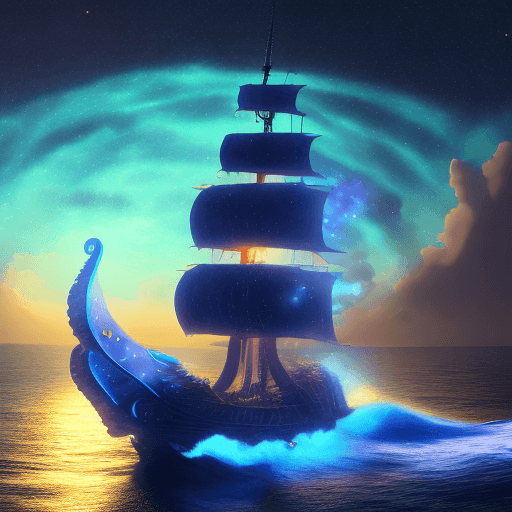 AI generated: (Pirate ship sailing into a bioluminescence sea with a galaxy in the sky), epic, 4k, ultra,