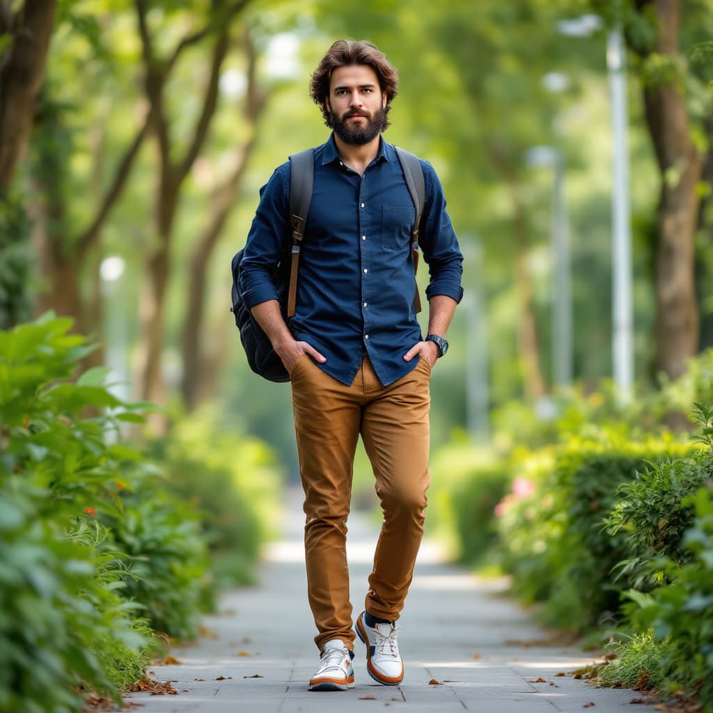 AI generated: A tall man with 6 foot height, medium length hairs and medium long beard. Wearing casual wear for of...