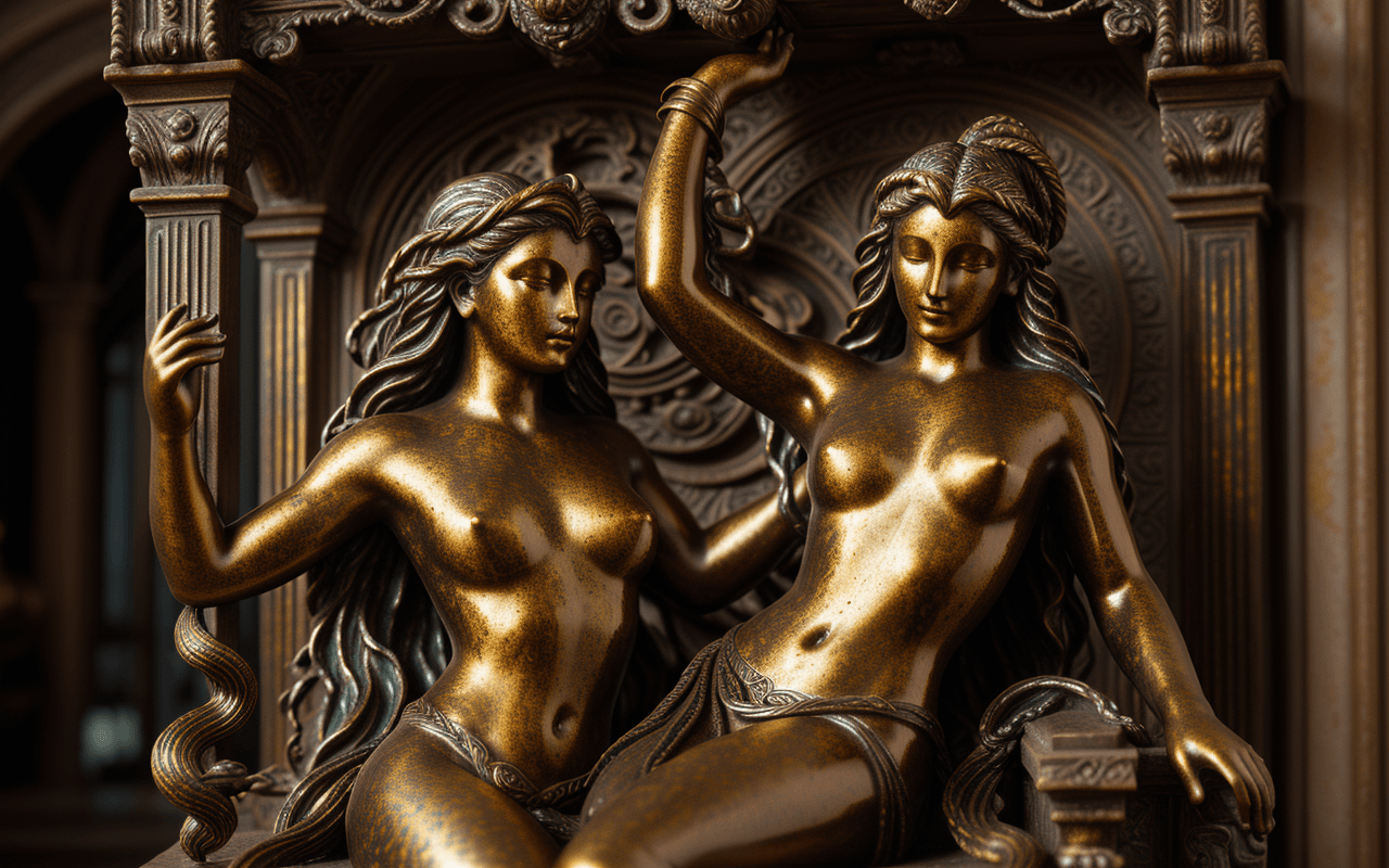 AI generated: one,barocco,interior statue andromeda ,hair snakes,decorative bronze,(patina:1.4),ambient occlusion,...