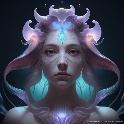 AI generated: Goddess close-up portrait ribcagel. jellyfish phoenix head, nautilus, orchid, skull, betta fish, bio...