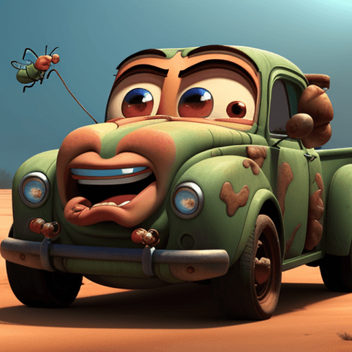 AI generated: Mater (from Cars) is eating a bug.