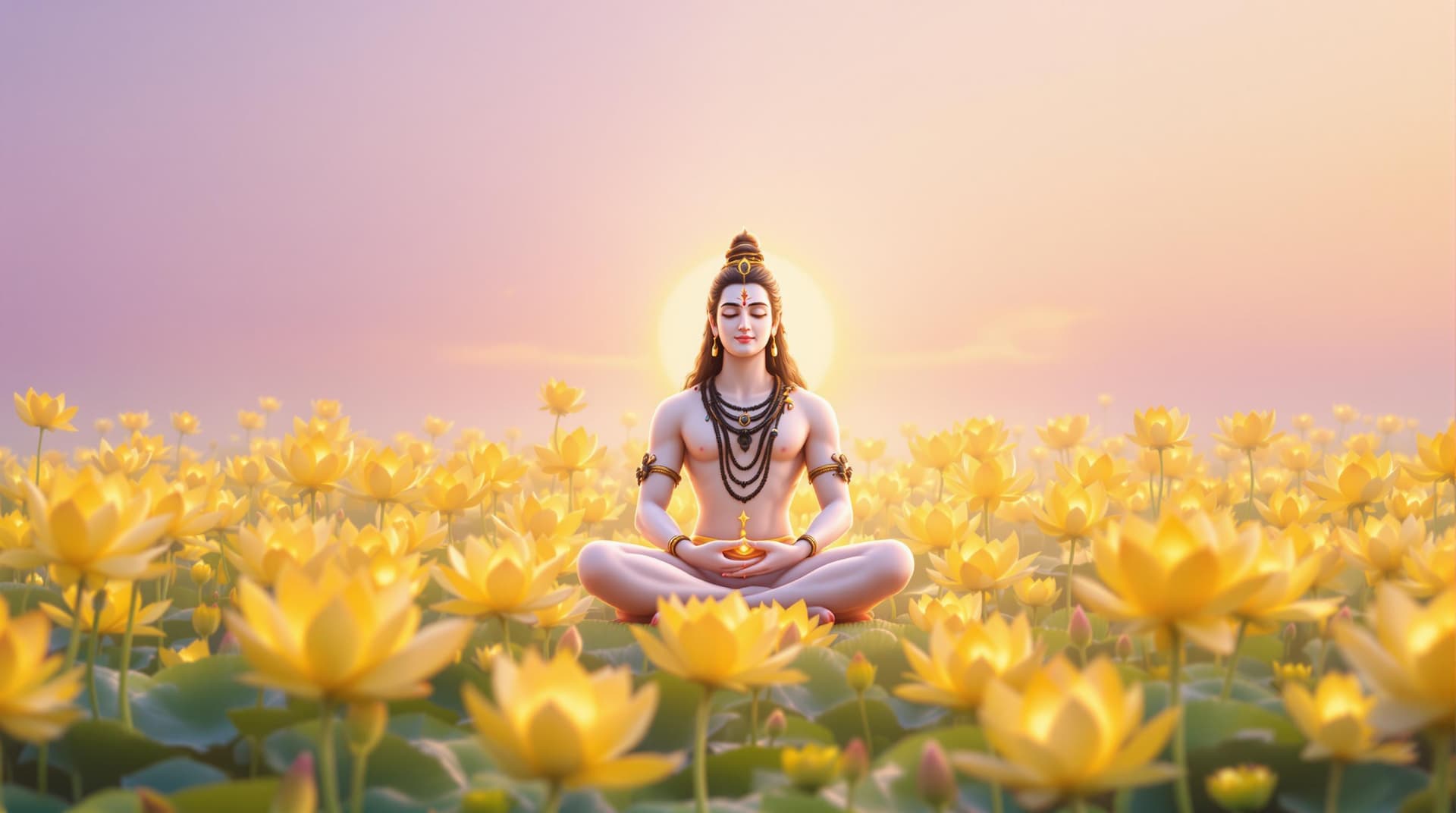 AI generated: Generate an ethereal image of Lord Shiva meditating in a floating garden of golden lotuses. The peta...
