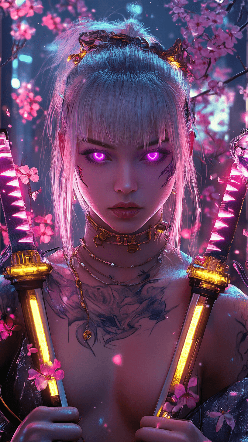 AI generated: A fierce cyberpunk queen with glowing tattoos, holding dual neon katanas, adorned with intricate gol...