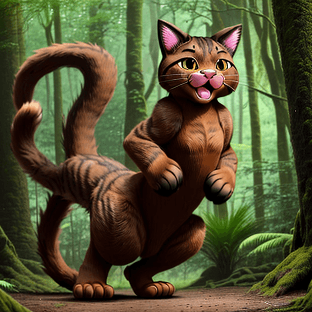 AI generated: front  view of a nice, wise, cheerful,  giant brown cat dancing on rare paws in a  prehistoric fores...