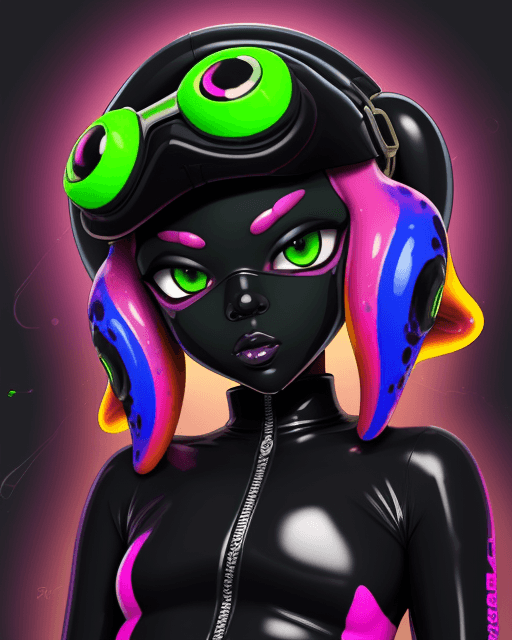 AI generated: splatoon, dark skin, latex suit, visor, dronification, hypnotized, text, vibrant colors