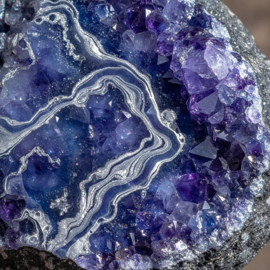 AI generated: Blue and Purple Crystal with Silver veins like marble running through it 