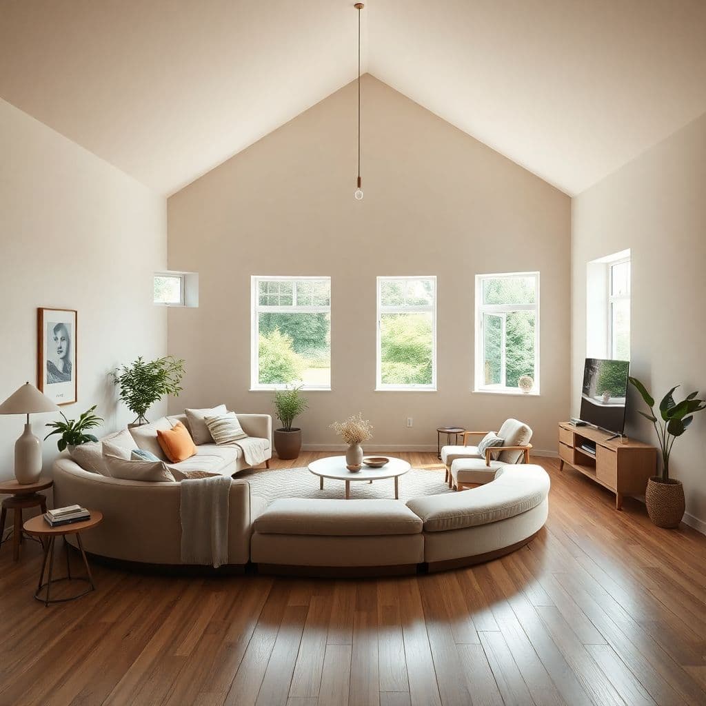 AI generated: High resolution photography interior design, dreamy sunken living room conversation pit, wooden floo...