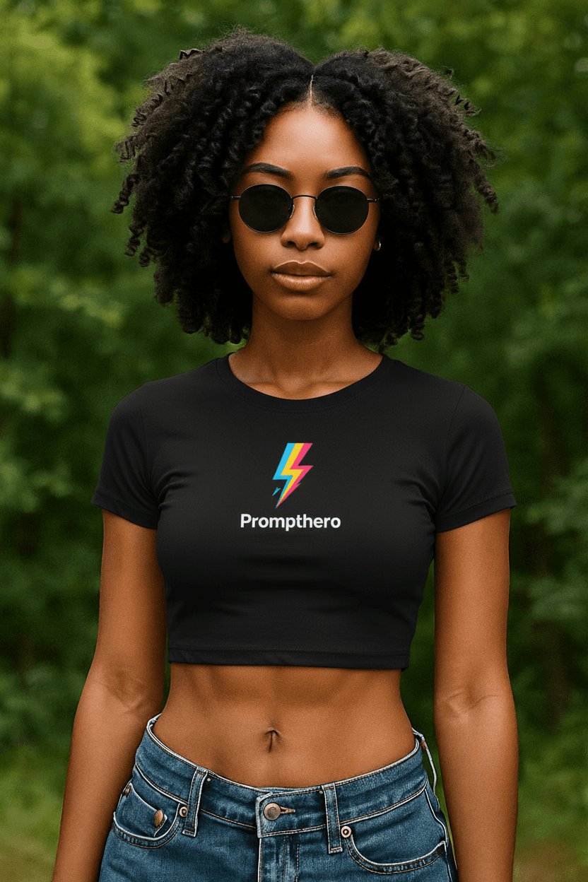 AI generated: make the model in black shirt and the black glasses, and add the logo on the t shirt