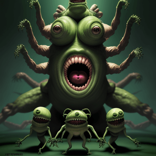 AI generated:  high quality foto of a big green monster, 10 legs, 3 arms, slimy, 3 heads with grimaces and big tee...