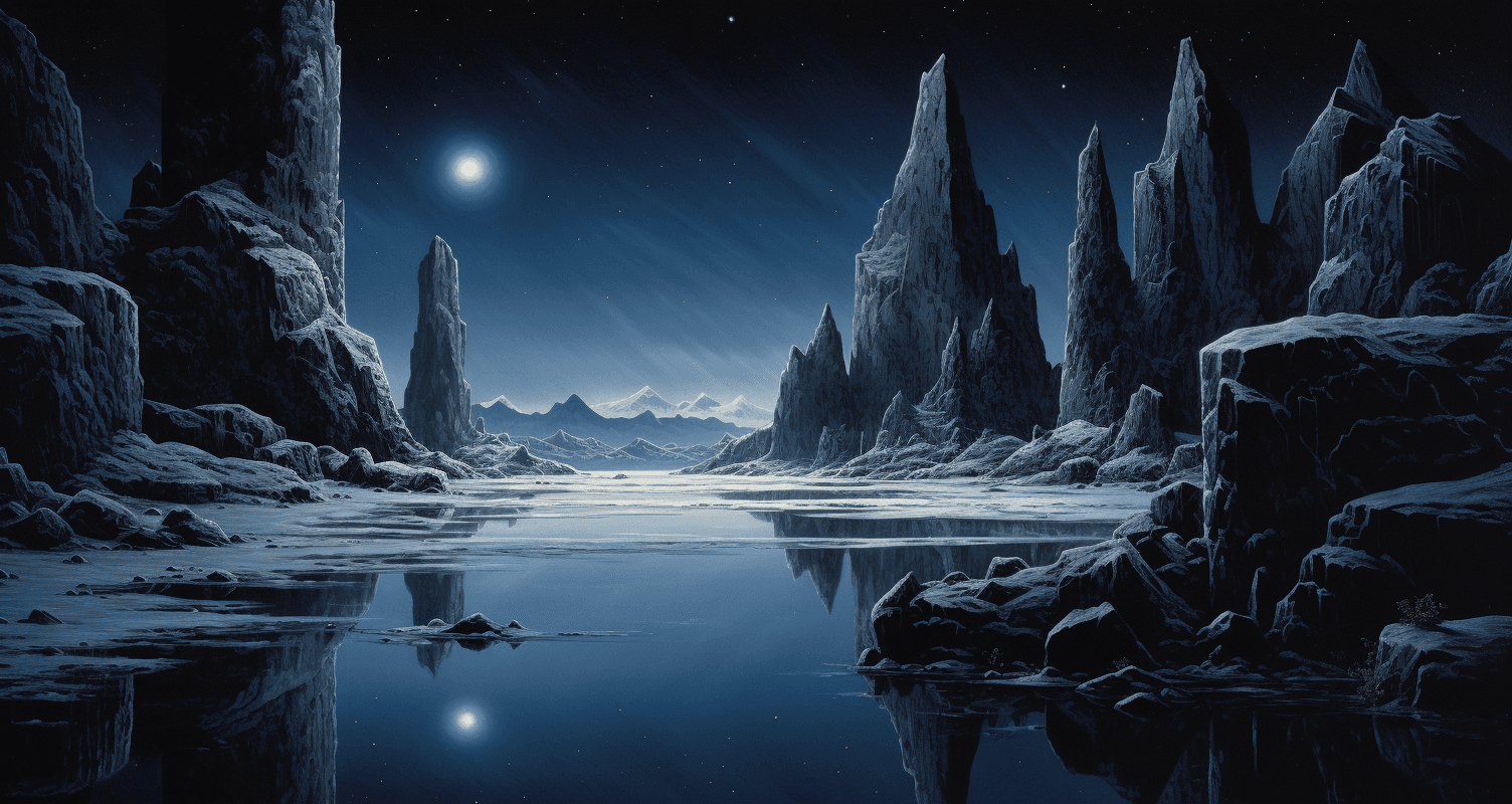 AI generated: A giant ice wall in the distance, night sky, fantasy landscape in the style of Moebius and Clyde Cal...