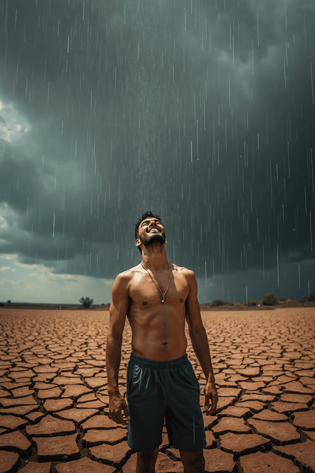 AI generated: A lone man stands amidst the cracked, arid ground, the vast dry landscape stretching out under the u...