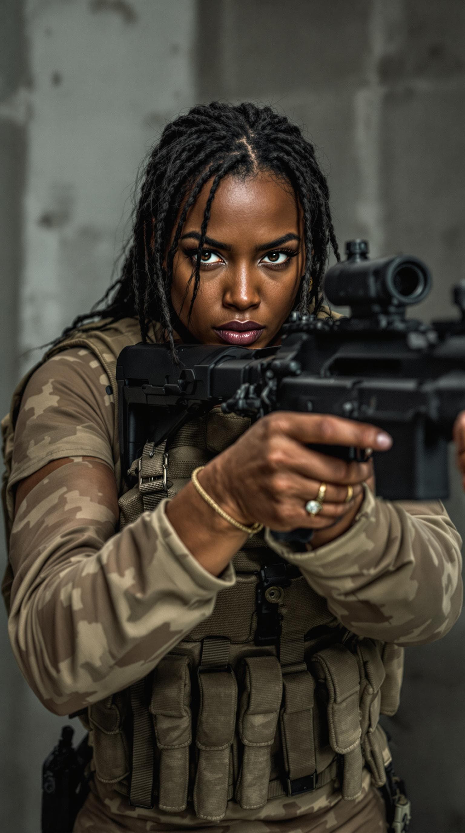 AI generated: Woman (ethnicity:Black, age:30-40), (detailed clothing:1.2), (tactical gear:1.2), (accessories:ring)...