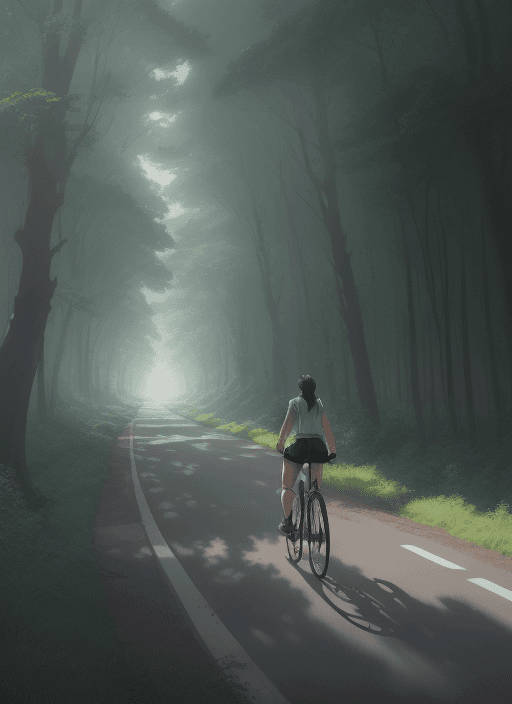 AI generated: a film still of a person riding a bicycle on a road near a forest, delicate features finely detailed...