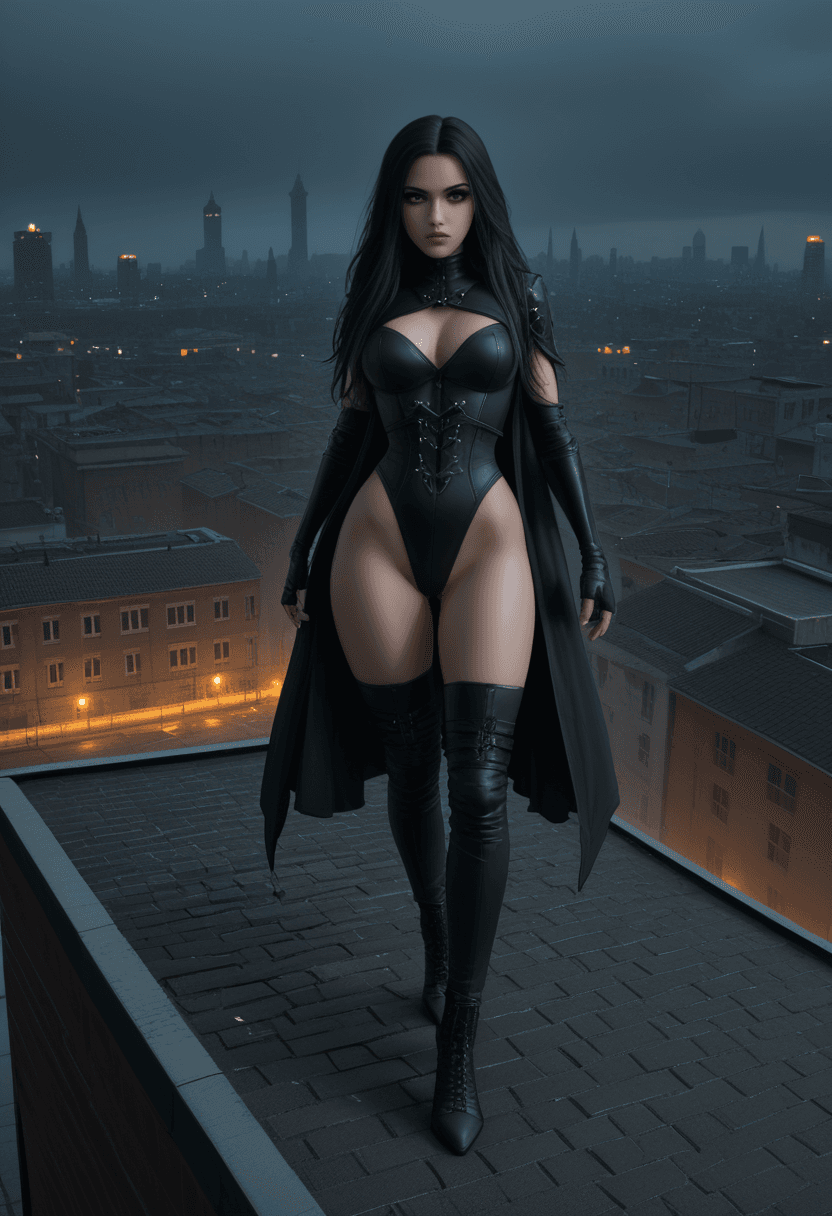 AI generated: Gothic style Digital artwork,concept art,a female ninja,standing on rooftop with a dark dystopian ci...