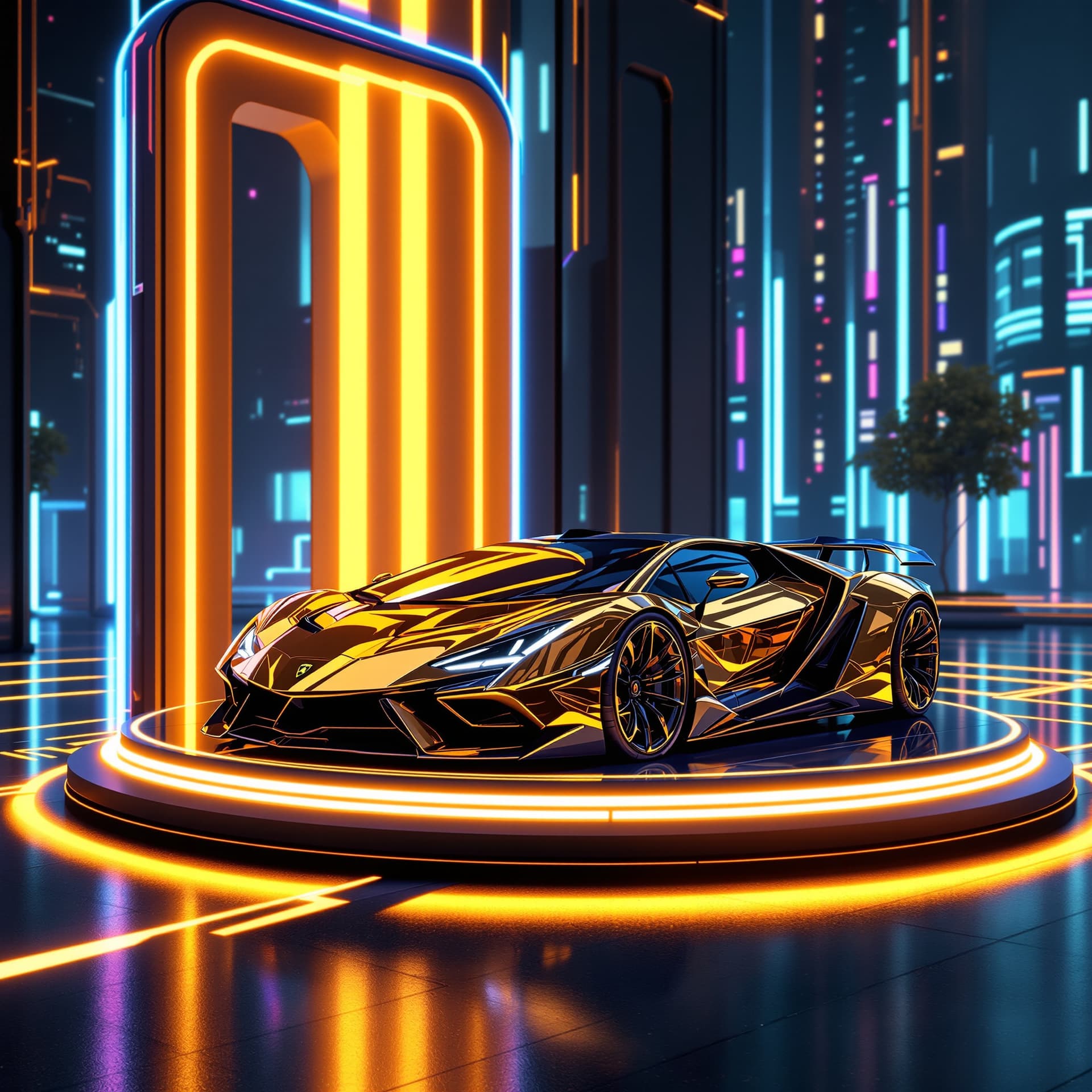 AI generated: sleek shiny gold metallic futuristic lamborghini sports car is parked on top of a raised lighted neo...