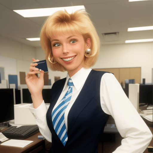 AI generated: Sales representative from the 80 , with a smile and maje a funny face