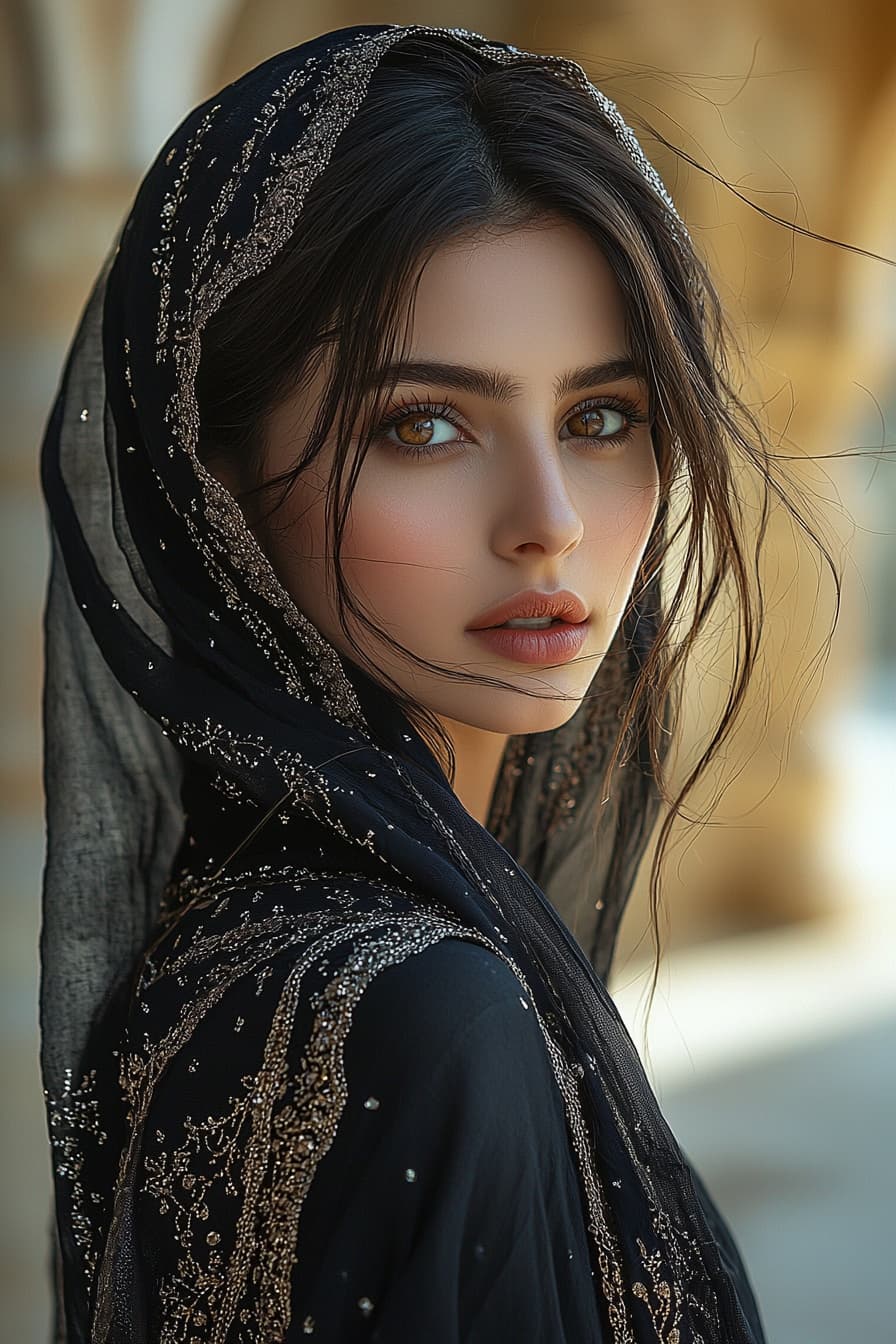 AI generated: Breathtakingly beautiful Middle Eastern woman in flowing black traditional clothing with no gold, ad...