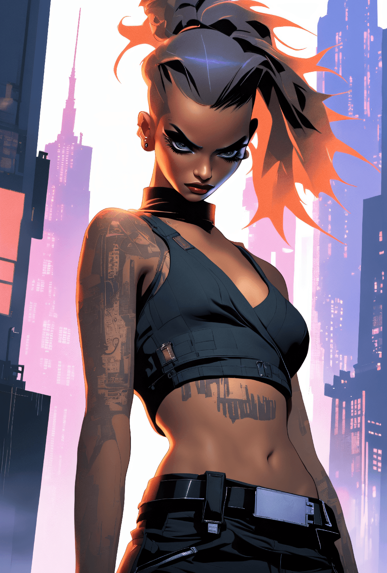 AI generated: A photo of a seductive femme fatale with cyberpunk fashion, amidst a grim and gritty dystopian citys...